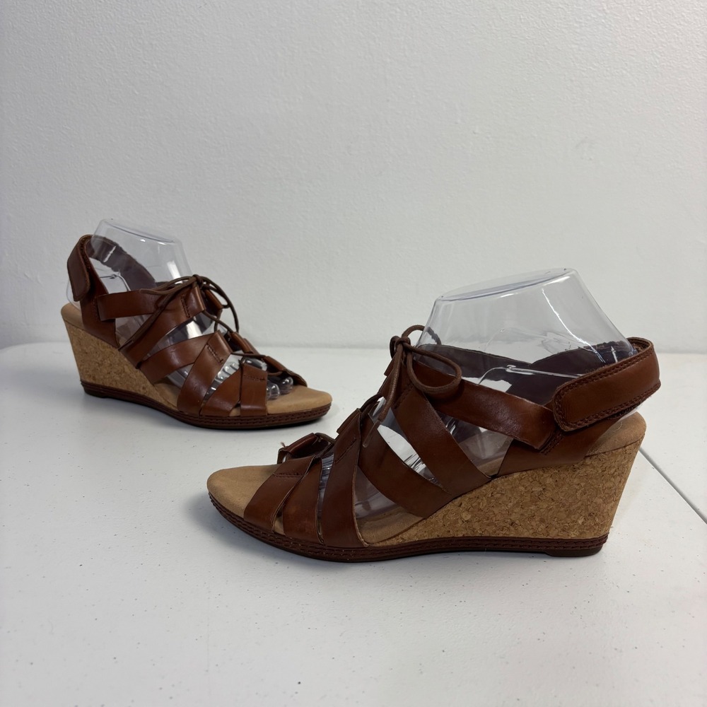 Clarks Wedge Sandals Boho Gladiator Lace Up Brown Leather Cottagecore Women 9M